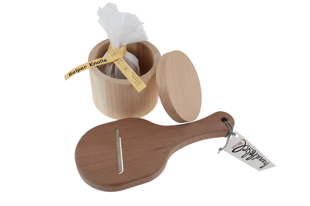 Online Käse kaufen Geschenk-Set Belper Knolle mit Käsehobel und Holzkeller jetzt bestellen
